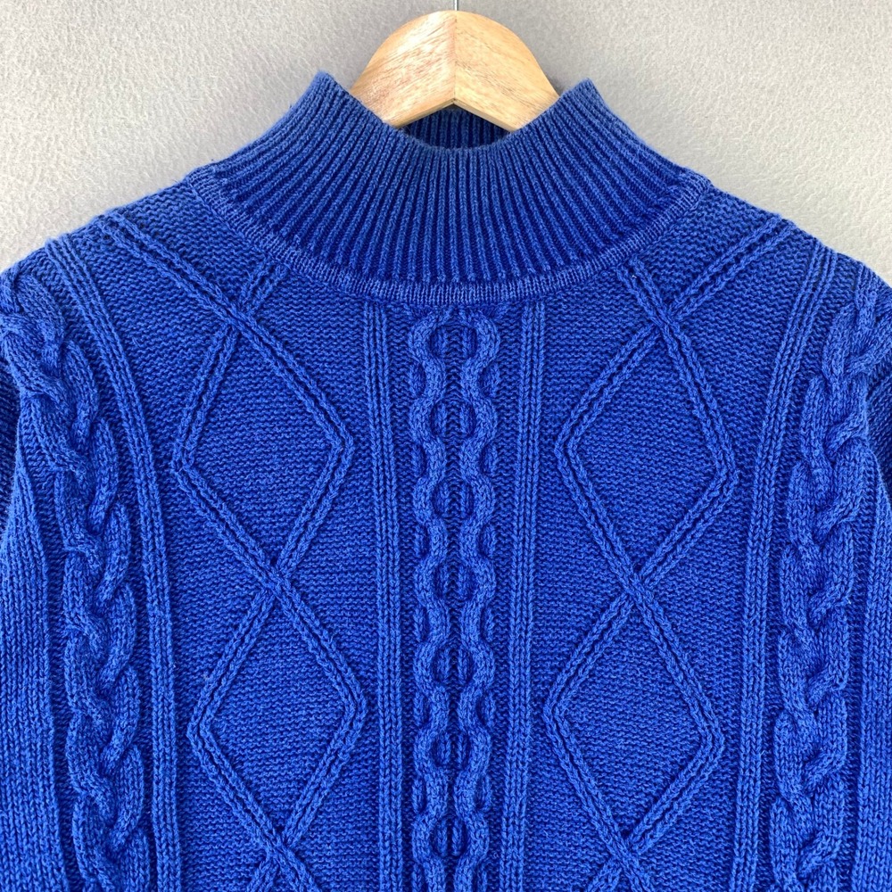 Vintage Cable Knit Mock Neck Sweater Women M‎ Blue Ramie Cotton Oversized